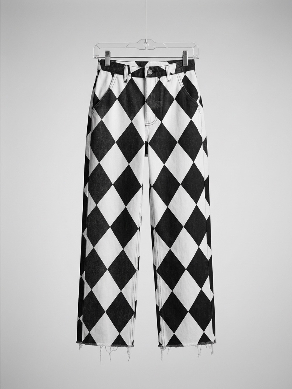 Nasty Gal Black & White Diamond-Print Wide Leg Jeans - 0